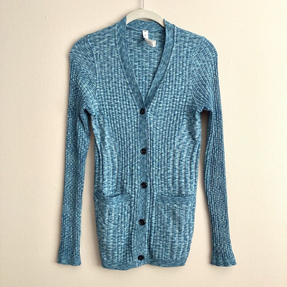 Athleta Blue Marled Ribbed Button Cardigan